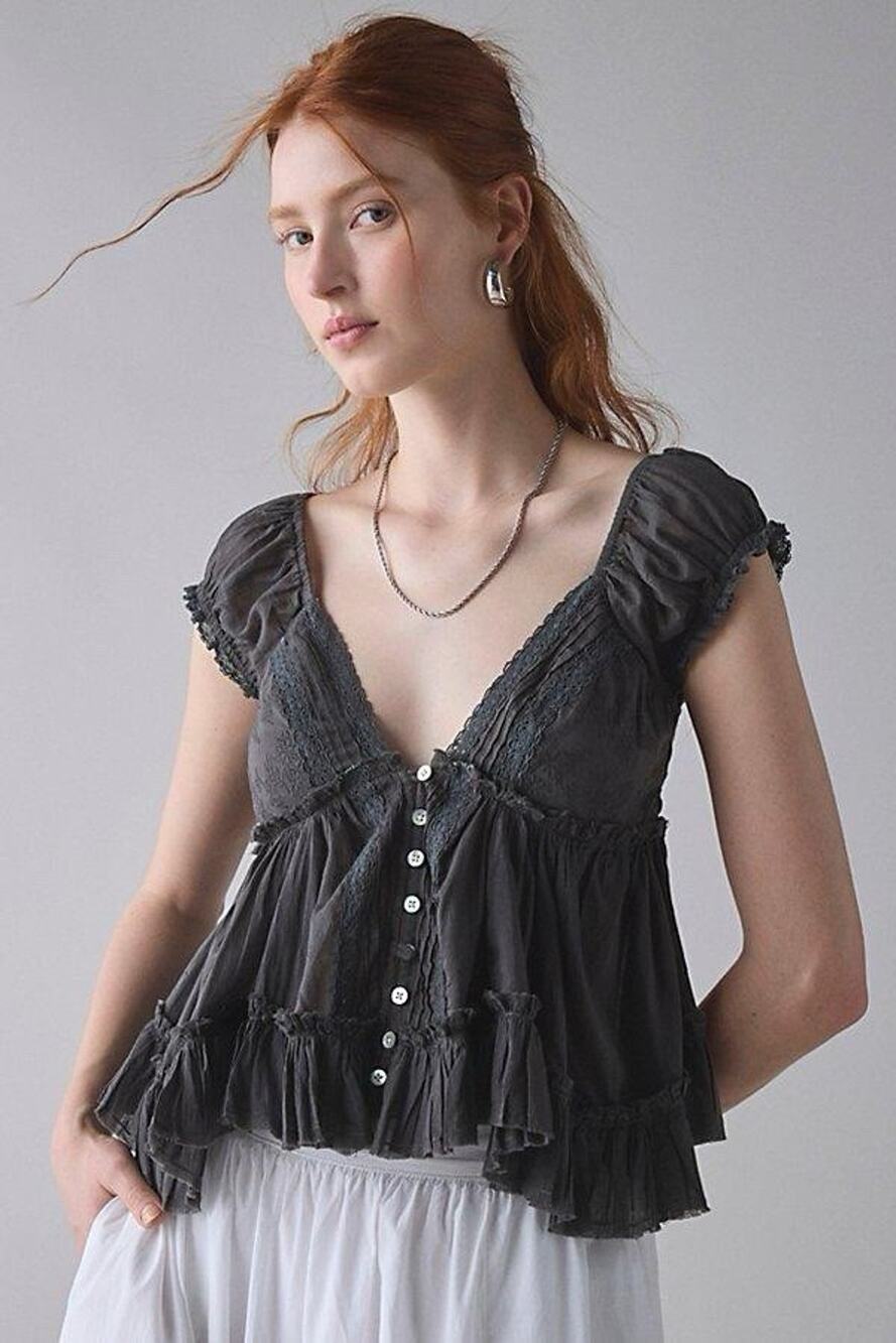 Kimchi Blue Izzy Lace Trim Button-Front Babydoll Blouse XL